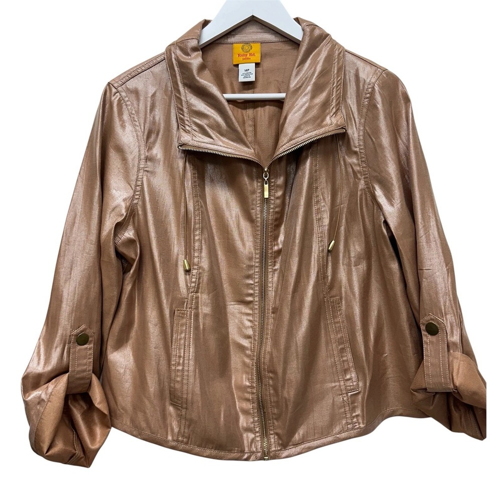 Ruby Rd. Gold Tone Shimmer Jacket. Zip Front. Size 14P